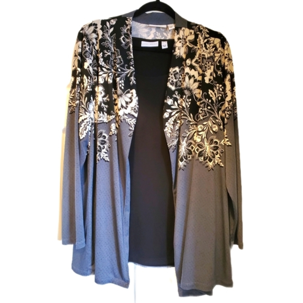 Susan Graver Gray Floral Printed Liquid Knit Cardigan with Black Tank Top XL.